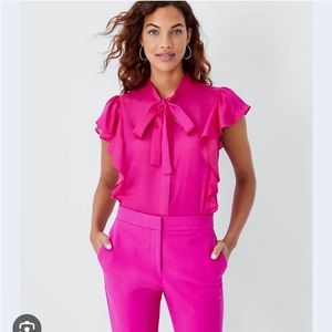 Ann Taylor hot pink tie neck blouse